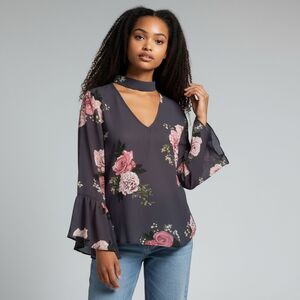 Live 4 Truth Gray Pink Floral Long Wide Sleeve V Neck Lightweight Blouse size m